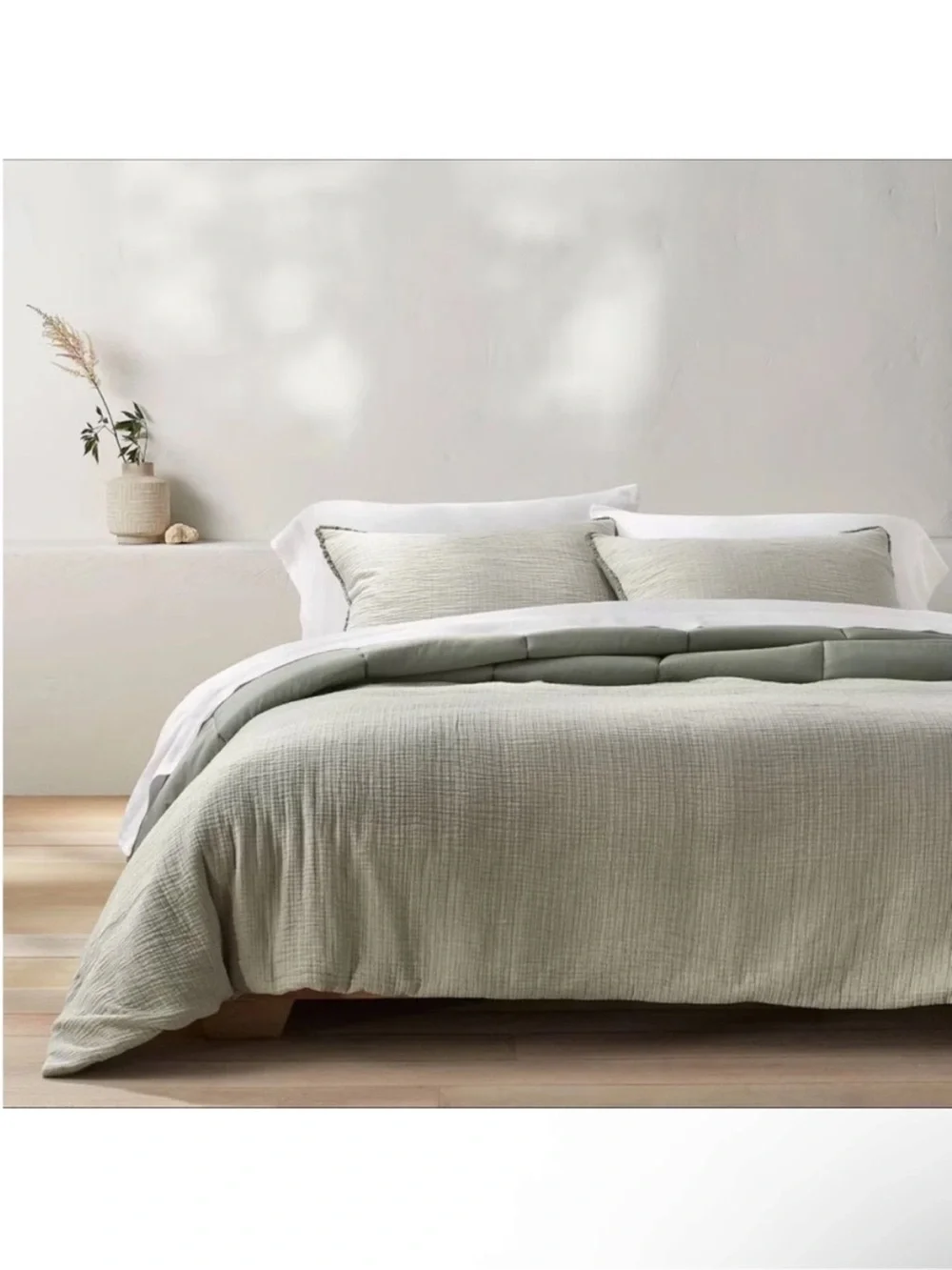 NWT Full/Queen Textured Chambray Cotton Comforter & Sham Set Sage Green Casaluna